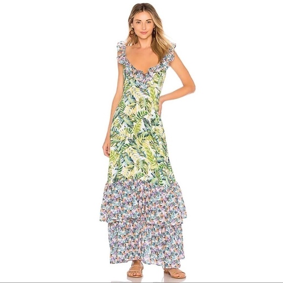 All Things Mochi Amanda Tropical Floral Ruffle Sleeveless Maxi Dress Green Blue - Picture 1 of 8
